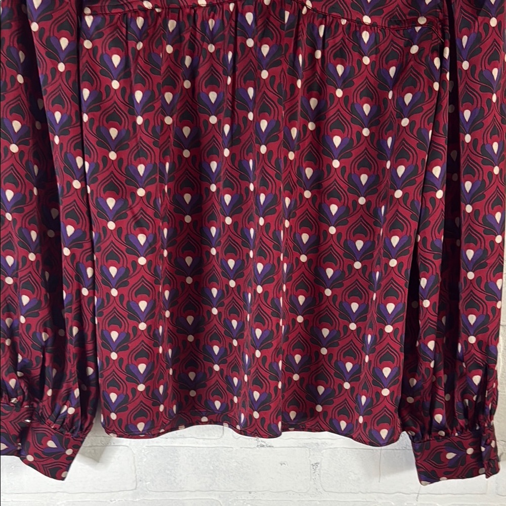 WHBM V-Neck Long Sleeve Printed Blouse - Burgundy Multi Small - Picture 11 of 15